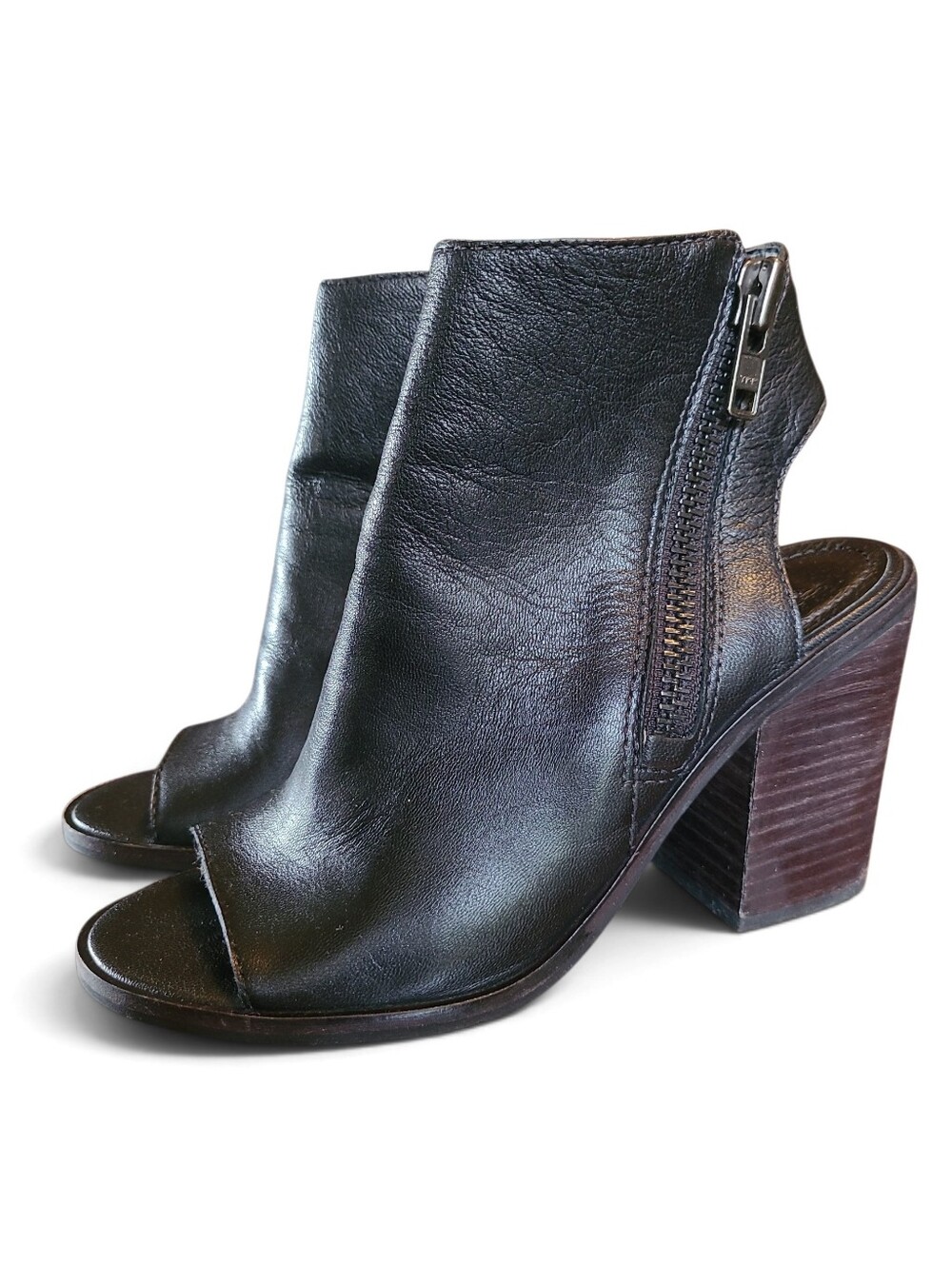 Women's Steve Madden Black Leather Peep Toe Ankle Boots Terraa Size 7 Block Heel